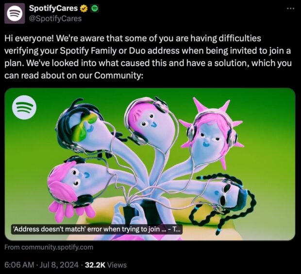 Spotify Cares post on X