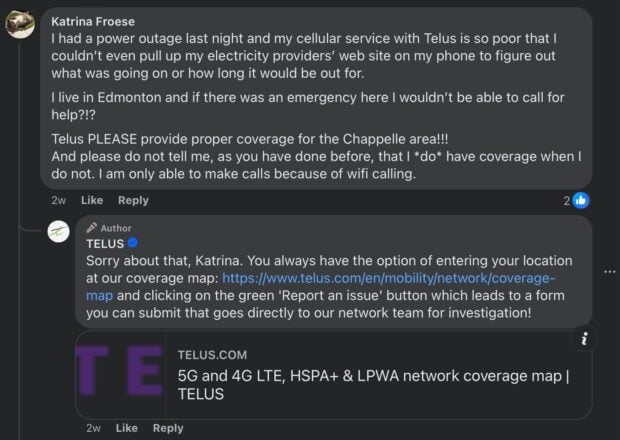 TELUS customer comment reply directing to link