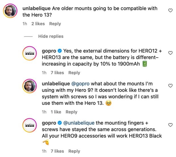 GoPro comment reply for HERO 13 product launch