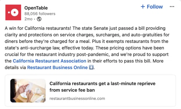 OpenTable Senate bill update LinkedIn post