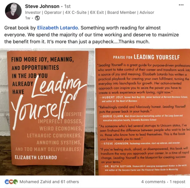 Review for book Leading Yourself on LinkedIn post