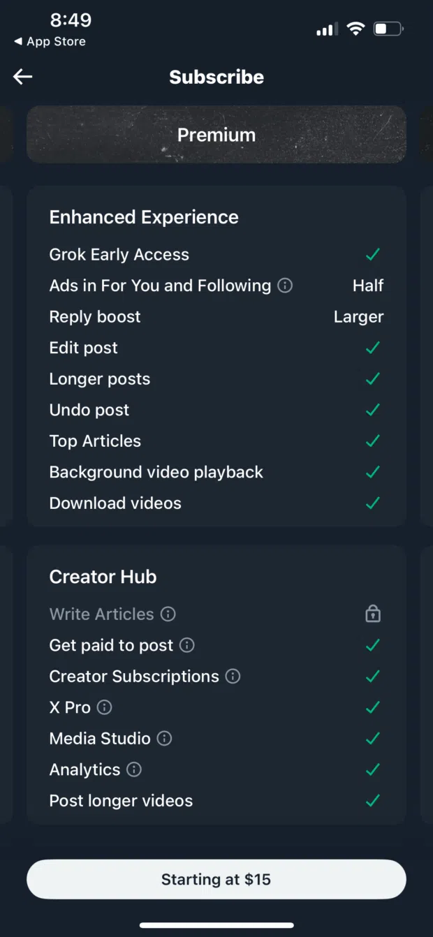 subscription options for X premium