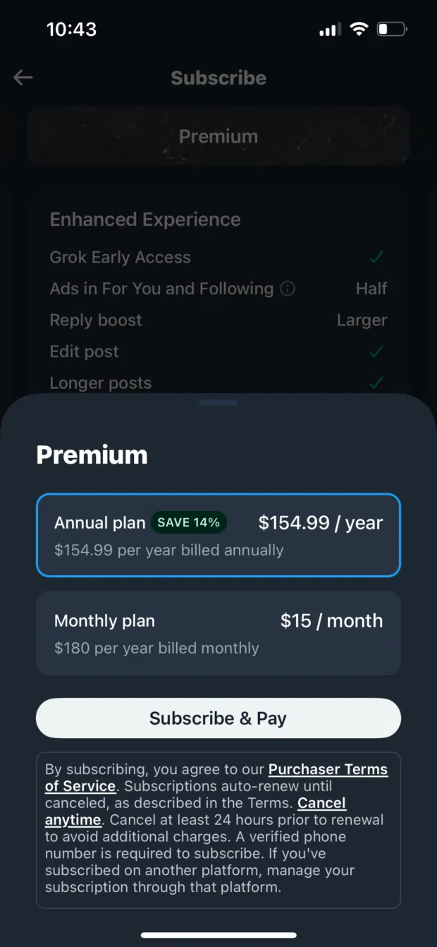 payment page for X Premium on mobile