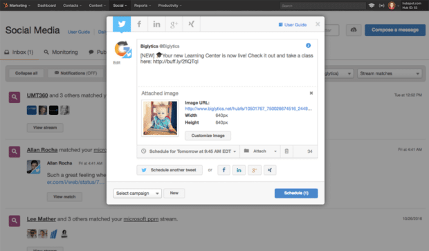 Hubspot's social media scheduling tool is part of their broader marketing tool