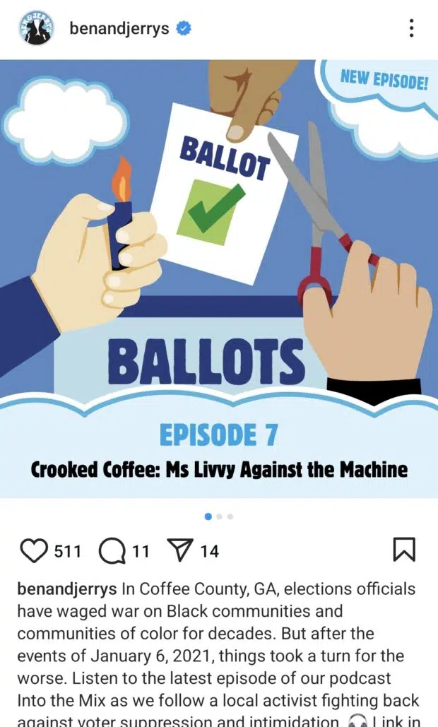 Ben and Jerrys Instagram post about ballots and podcast episode