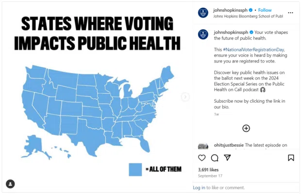 Johns Hopkins School of Public Health map of USA showing states where voting impacts public health