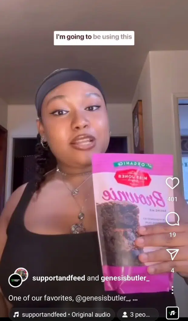 Support and Feed partnership with influencer Genesis Butler showing plant-based brownies