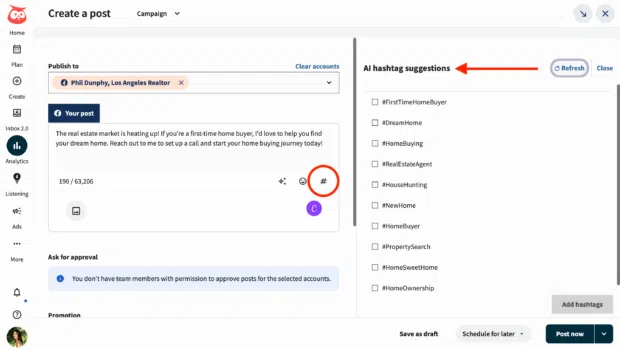 Hootsuite Composer Create a post AI hashtag suggestions