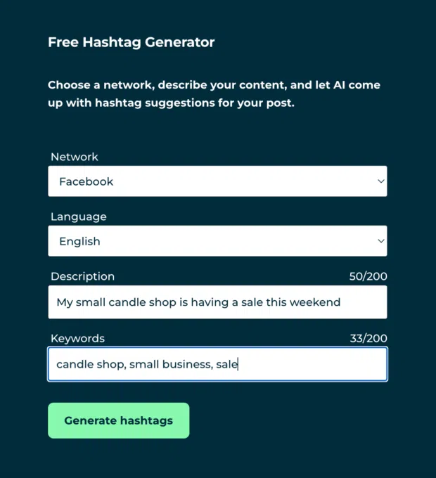 Hootsuite Free Hashtag Generator with keywords candle shop small business and sale