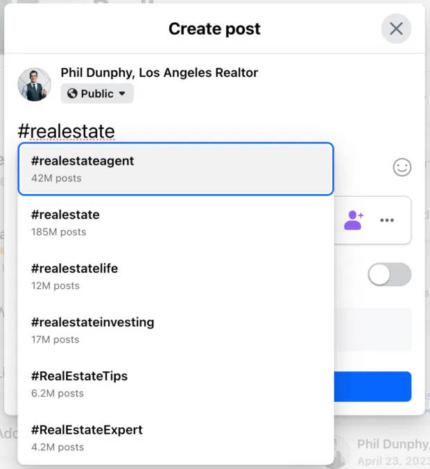 Create post real estate Facebook hashtags