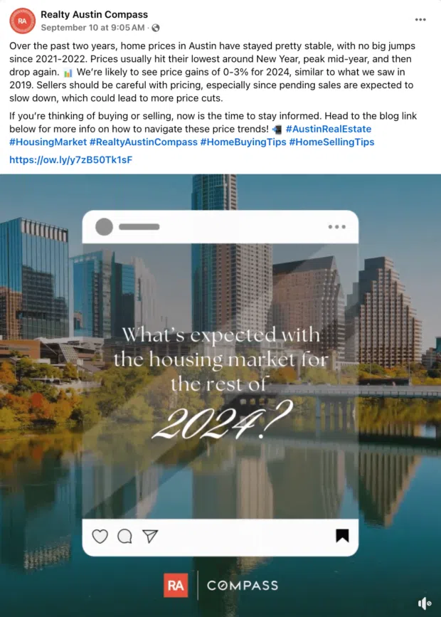 Realty Austin Compass real estate hashtags housing market 2024 Facebook post