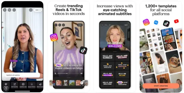 Mojo create trending Reels and TikTok videos with animated subtitles and custom templates