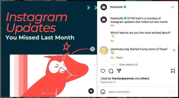 Hootsuite Instagram post about instagram updates that rolled out in September 2024