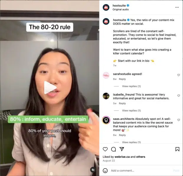 Reel posted to Hootsuite's Instagram account: 80-20 content mix