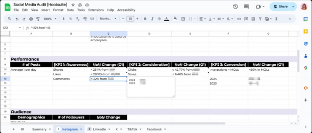 Hootsuite's social media audit: Spreadsheet outlining year over year performance