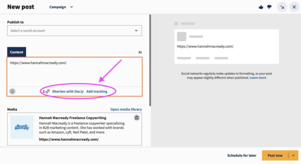 Owly link shortener shown in Hootsuite Composer