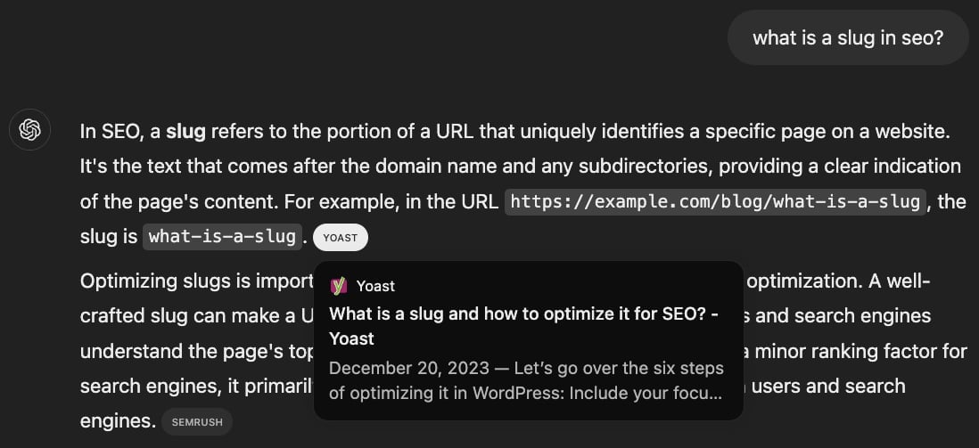 chatgpt search interface showing a tool tip for a link source pointing to yoast.com