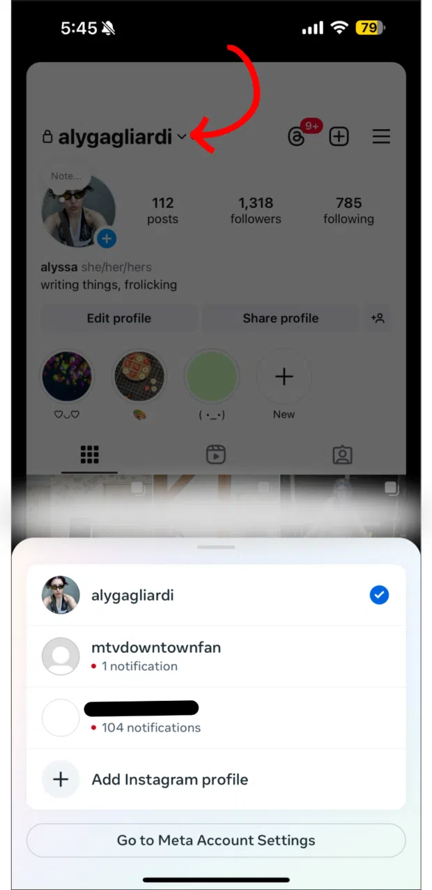 tap username to switch between Instagram accounts