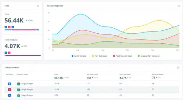 Brandwatch fan development graph and increase by channel