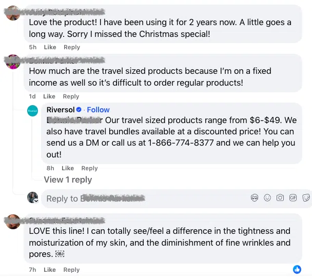 Riversol buyer comments and testimonials on Facebook post