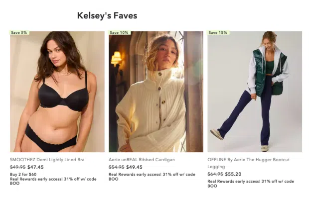 American Eagle page Kelsey's Faves with product features