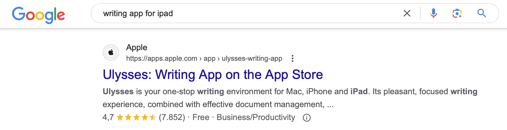 google result of a search for writing apps for ipad showing the ulysses app