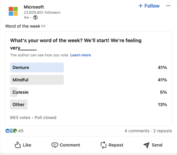 Microsoft LinkedIn post using a platform-specific poll feature