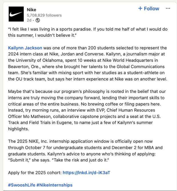 Nike LinkedIn post using branded hashtag