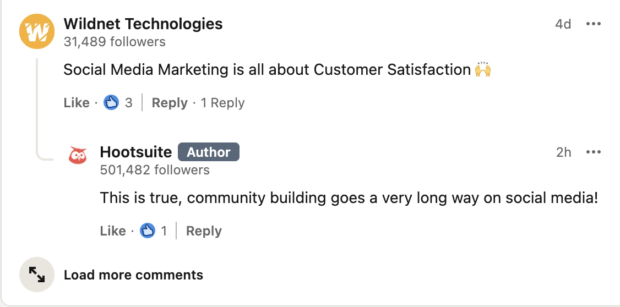 Hootsuite reply to a comment on LinkedIn