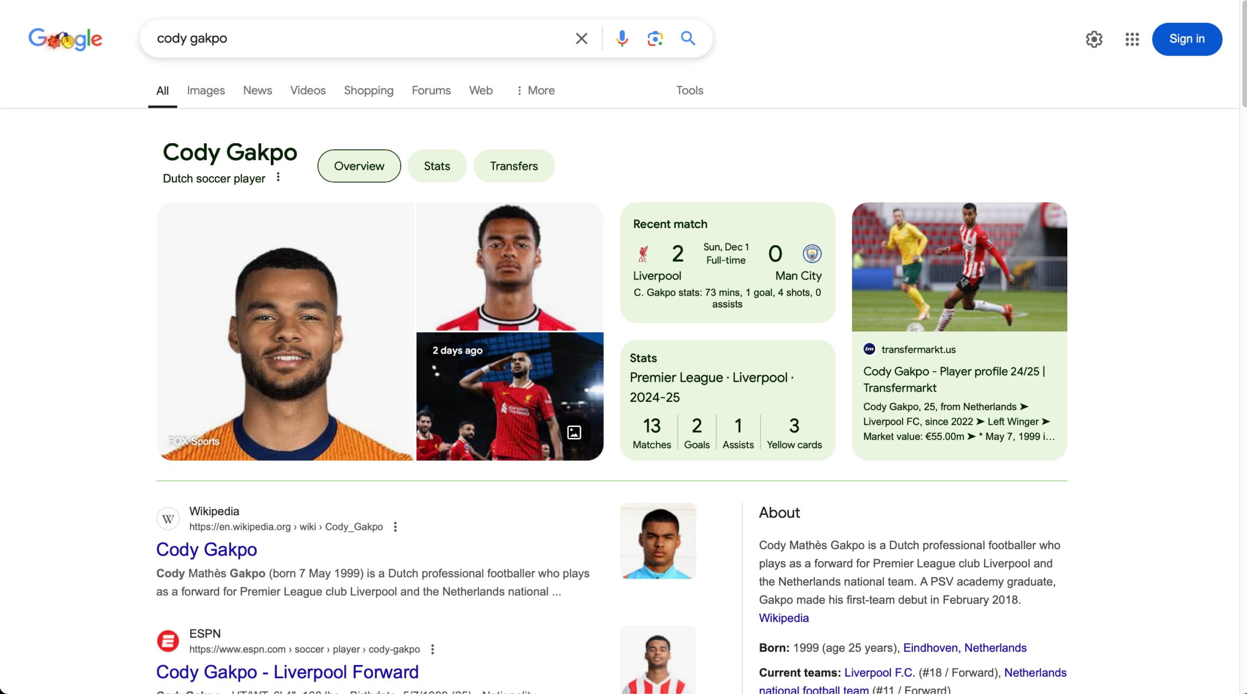 an example of how rich google search is based on a search for footballer cody gakpo