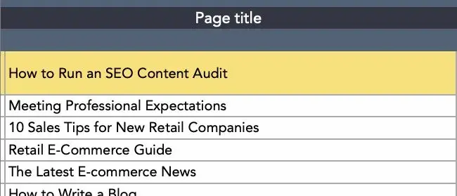 page title section in a content audit template, content audit