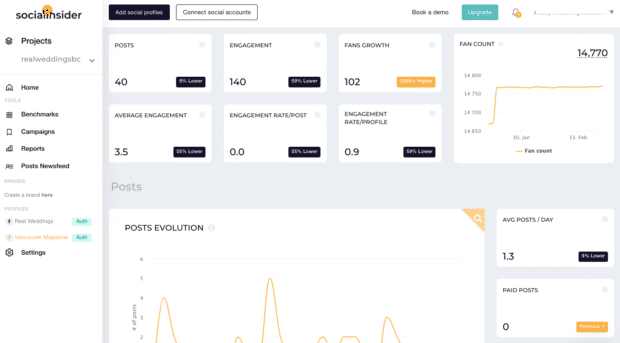 Social Insider posts engagement and fan growth