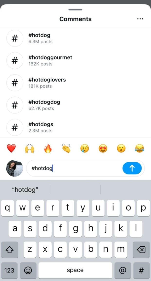 hotdog hashtag Instagram comment