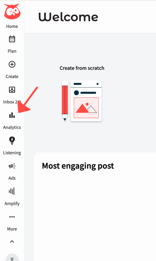 arrow pointing to analytics button in hootsuite dashboard