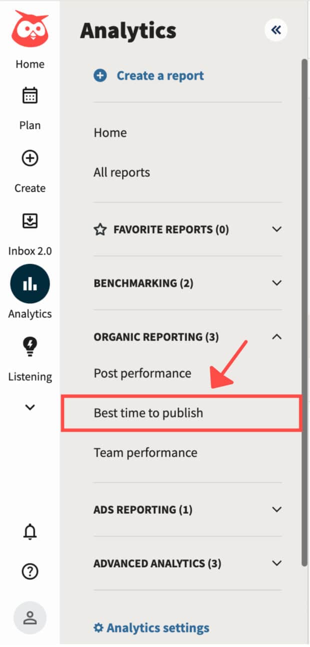 arrow pointing to best time to publish button in hootsuite dashboard