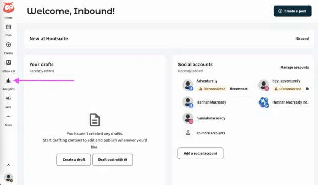 hootsuite dashboard with arrow pointing to analytics