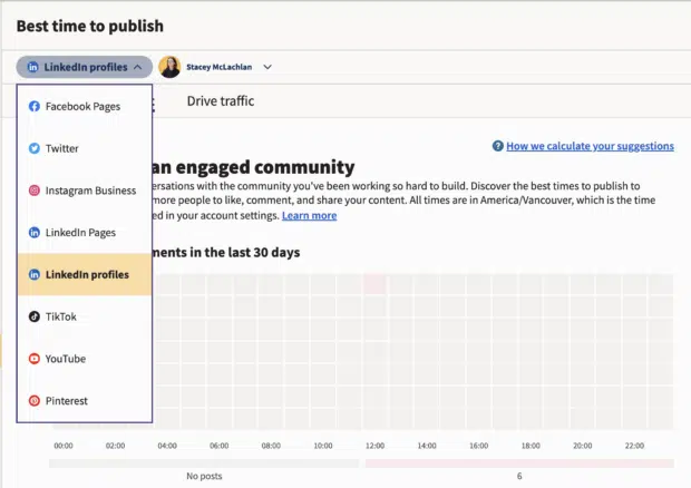 drop down menu in hootsuite analytics showing options for different social media accounts