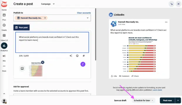 arrow pointing to schedule for later button in Hootsuite Composer