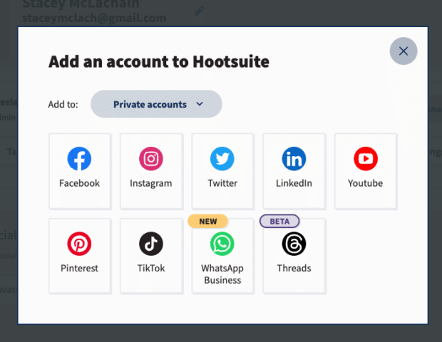 Add an account to Hootsuite private accounts