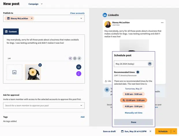 Schedule post option select date and time within Hootsuite