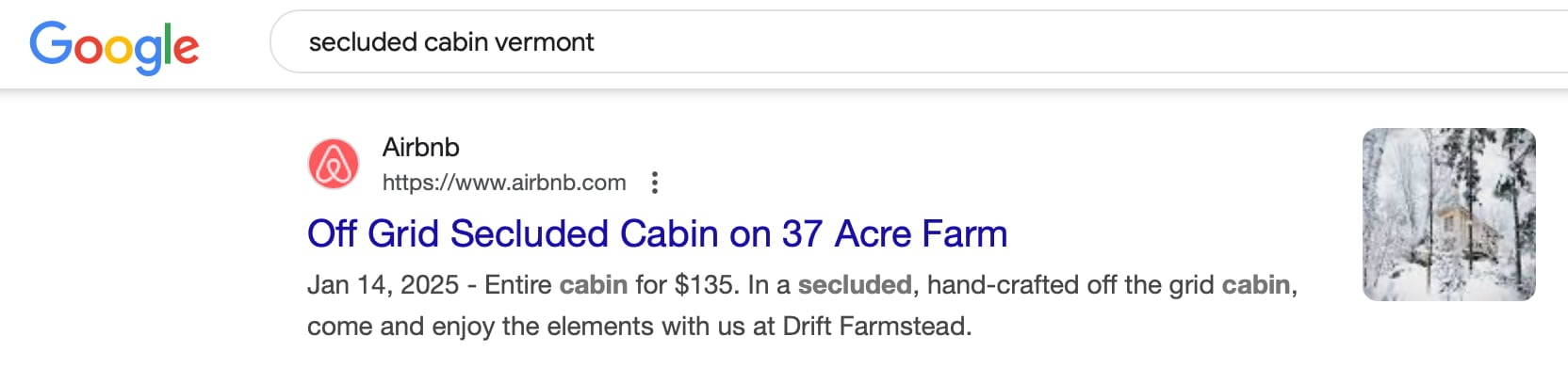 an airbnb listing appearing in google search for the term secluded cabin vermont