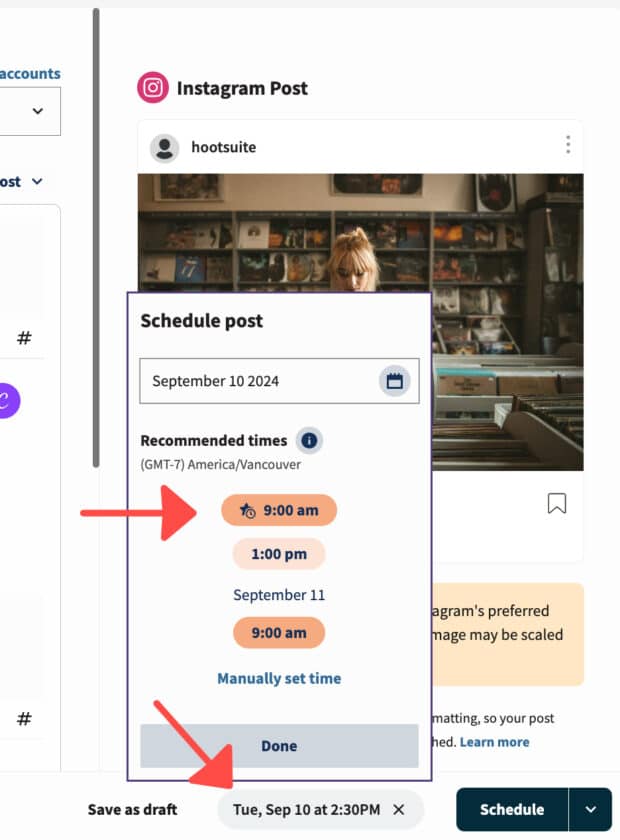 arrow pointing to best time to recommended times feature in Hootsuite composer