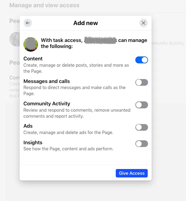 Add new with task access admin manage  Content Community Activity Ads and Insights