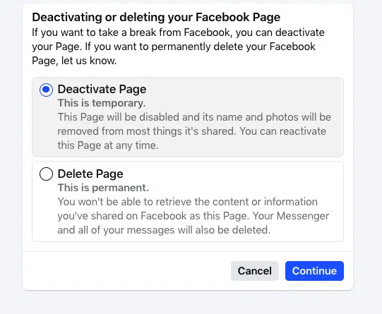 Option to deactivate or delete Facebook page