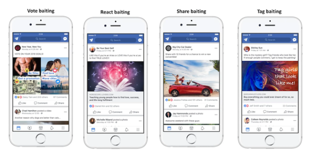 Facebook engagement faux pas include vote baiting, react baiting, share baiting, and tag baiting (the image includes examples of each)