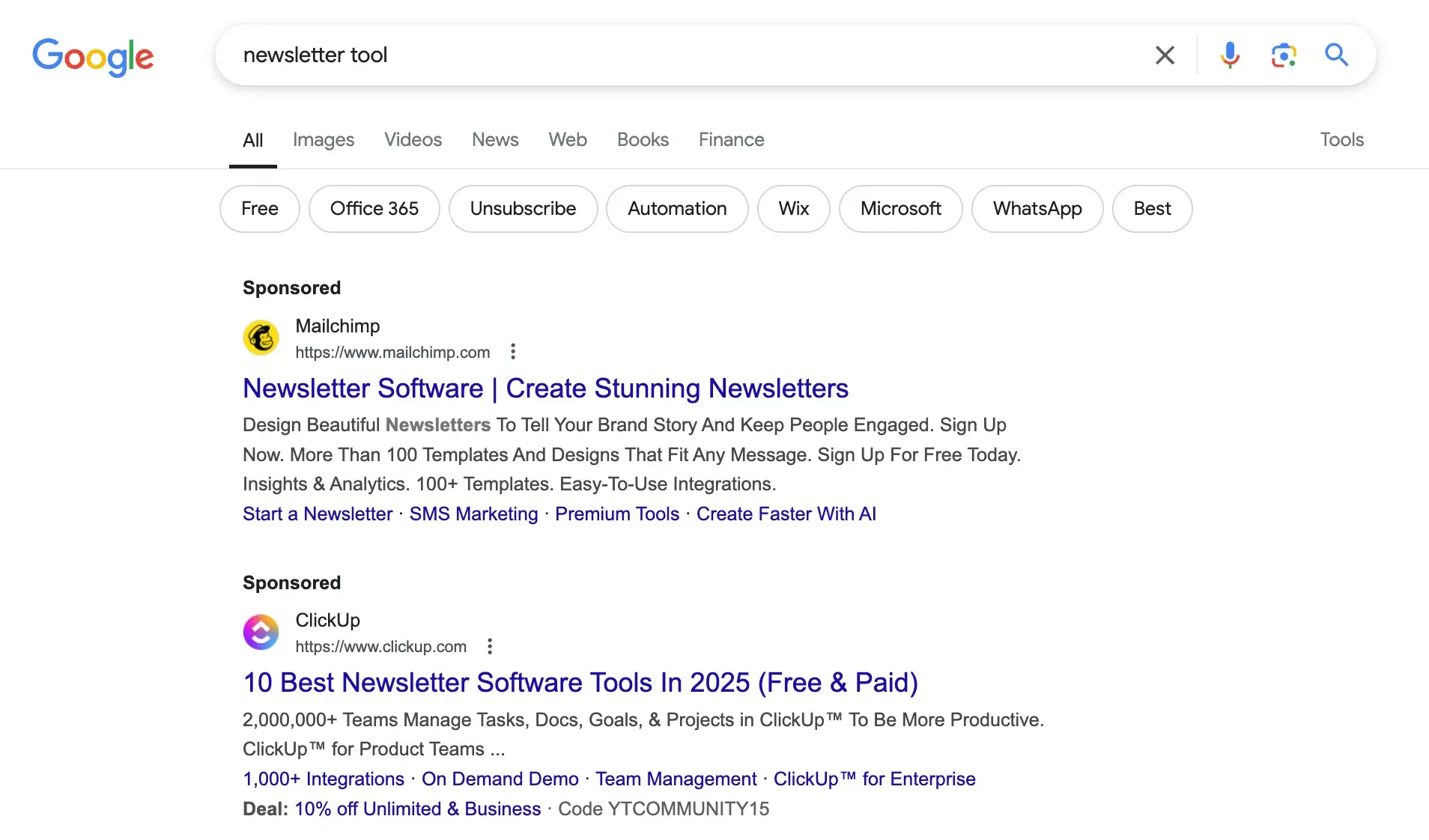 internet marketing; example of ppc ads for the phrase “newsletter tool” in google search