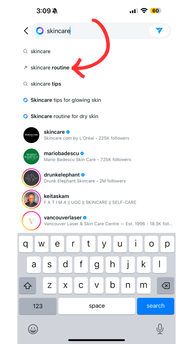 skincare keyword search Instagram