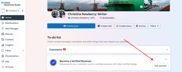 Meta Business Suite Become a Verified Business Get Started button