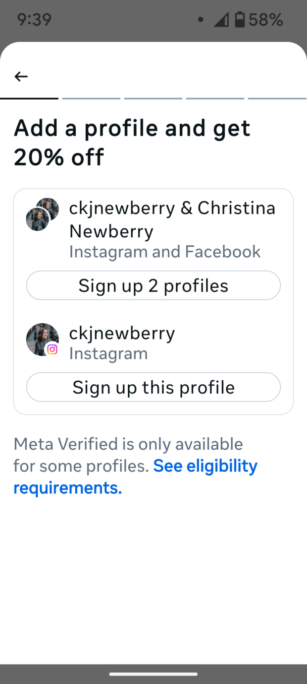 Add a profile and get 20% off Meta Verified