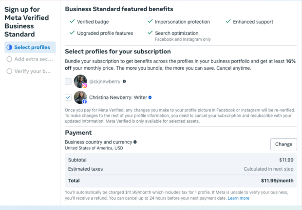 Sign up for Meta Verified Business Standard featured benefits and payment